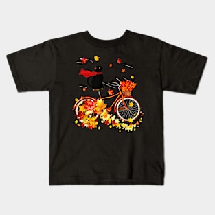 Black Cat Cycling Fall Maple Leaves Thanksgiving Kids T-Shirt